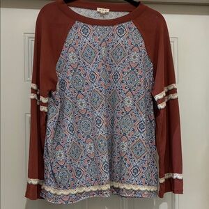 POL Rust Raglan Mixed-Print Pullover NWOT Size Small ptp 25 L 26